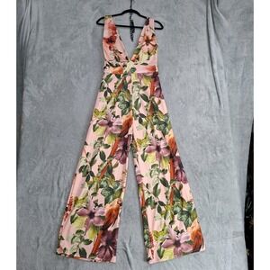 Women's 8 Floral Sleeveless Wide Leg  Plunge v Jumpsuit Pink Boho Party Travel